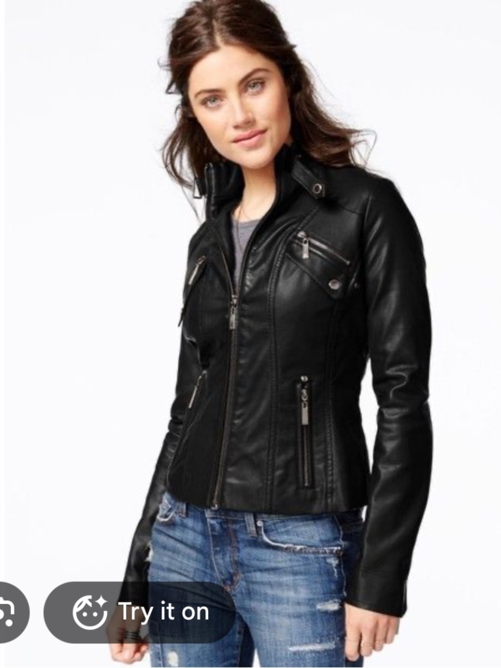 Women's Black Faux Leather Zippered Moto Jacket